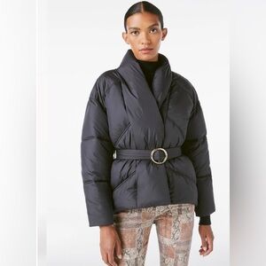Frame Denim Black Wrap Shawl Collar Belted Puffer Jacket Coat